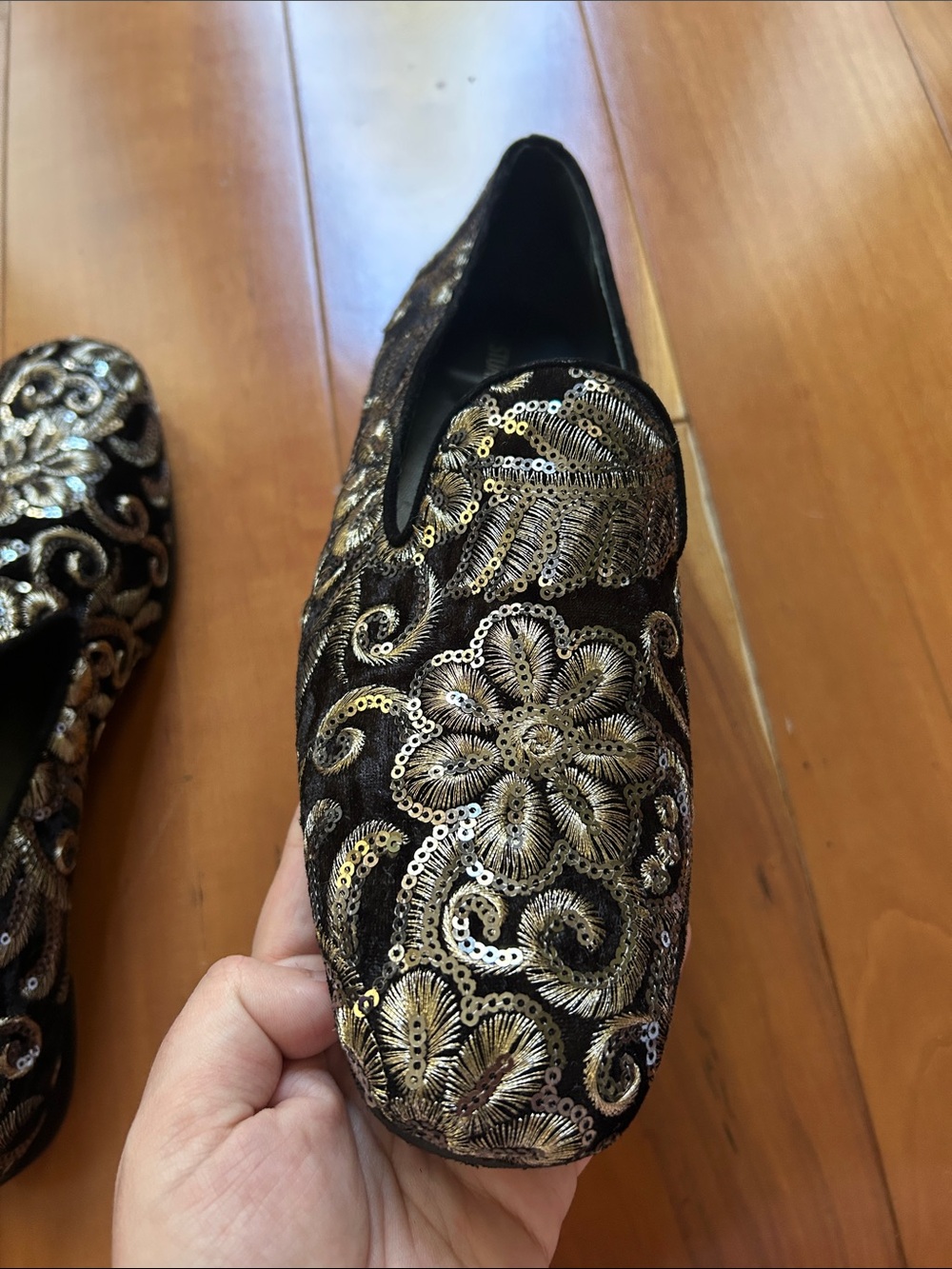Stuart Weitzman Black Velvet Embellished Floral Loafers - Picture 12 of 12